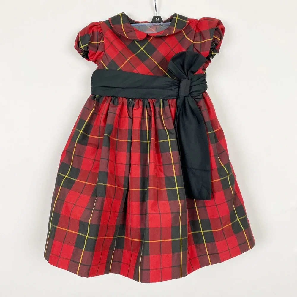 Ralph Lauren Tartan Plaid Bow Sash Holiday Party Dress Toddler Girls 18M Red